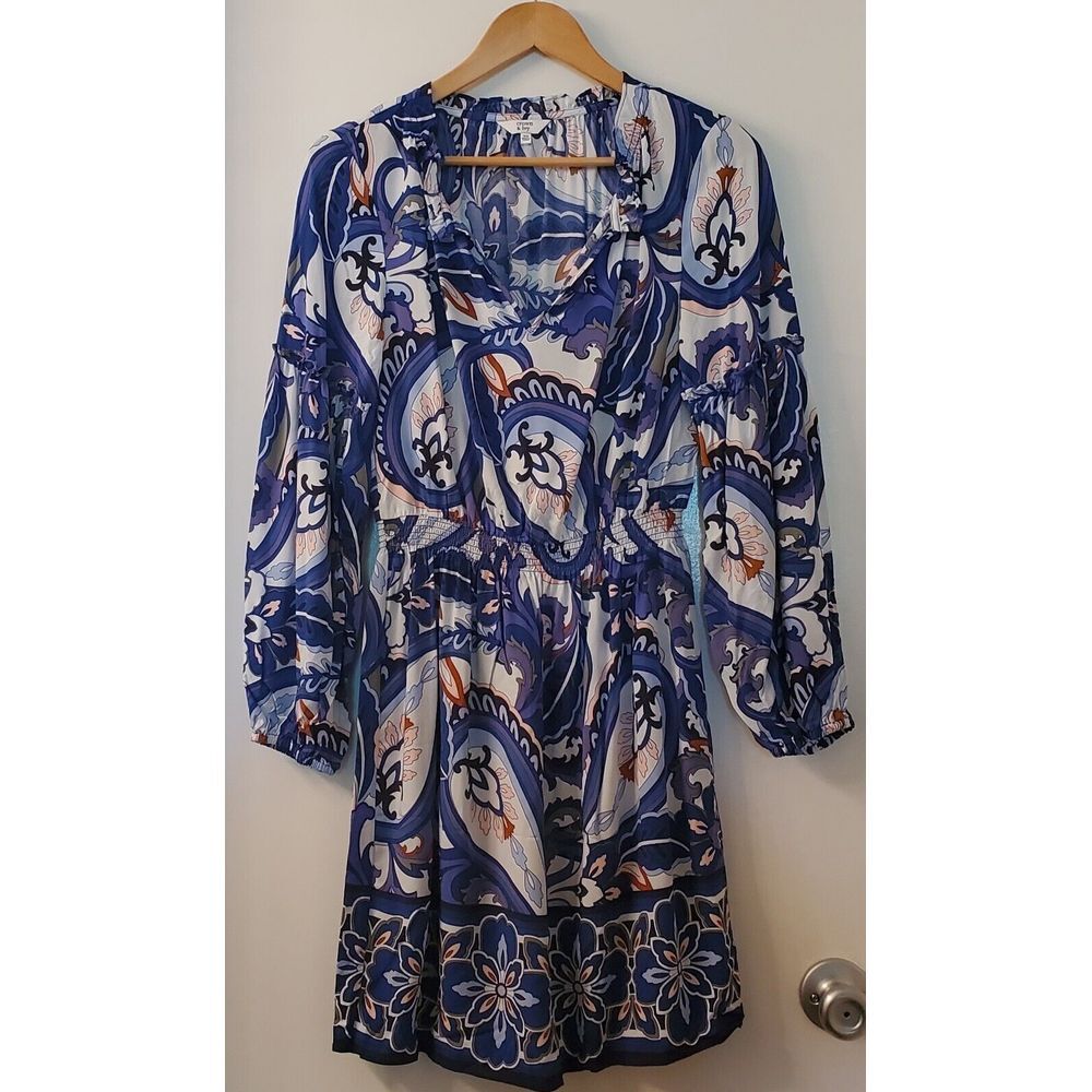 Crown & Ivy Dress Blue Paisley WOM XS Open Neck w/ Detailed Sleeves